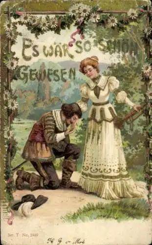 Litho Liebespaar, Mann kniet vor seiner Frau, Es war so schön gewesen
