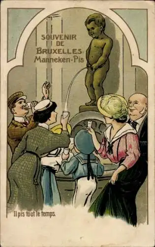 Präge Ak Bruxelles Brüssel, Manneken-Pis, Pinkelnder Junge, Touristen