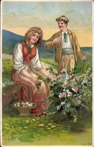 Ak Mädchen pflückt Blumen, Junger Mann, Blumenkorb, Rosen, Kitsch