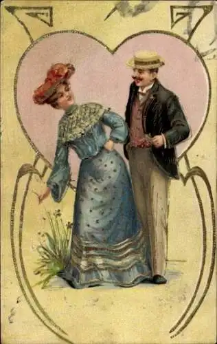 Präge Litho Paar, Liebespaar, Frau in blauem Kleid