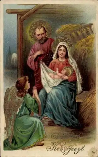 Ak Bethlehem Palästina, Weihnachtspostkarte mit Maria, Josef, Jesus und einem Engel.