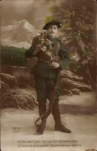 Ak Französische Armee, Soldat in Uniform, Gewehr, Blumen