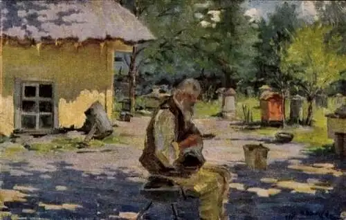 Künstler Ak Onazkyj, N., Alter Mann, Bauer, Bauernhaus, Hof