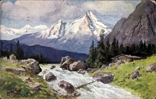 Künstler Ak Gebirge, Bergspitze, Fluss, Wohnhaus