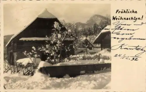 Foto Ak Glückwunsch Weihnachten, Haus im Schnee