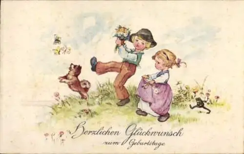 Ak Glückwunsch Geburtstag, Kinder, Blumen, Blumenwiese