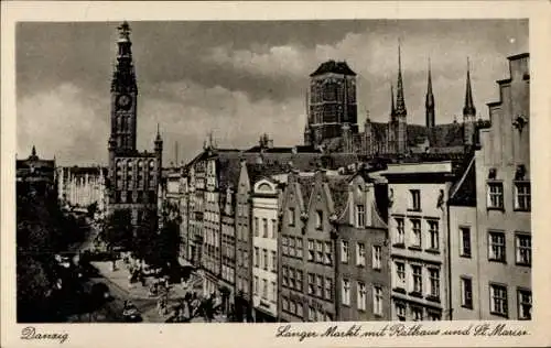 Ak Gdańsk Danzig, Langer Markt mit Rathaus und St. Marienkirche