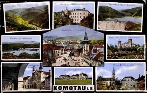 Ak Chomutov Komotau Region Aussig, Bezirkskrankenhaus, Marktplatz, Evangelische Kirche