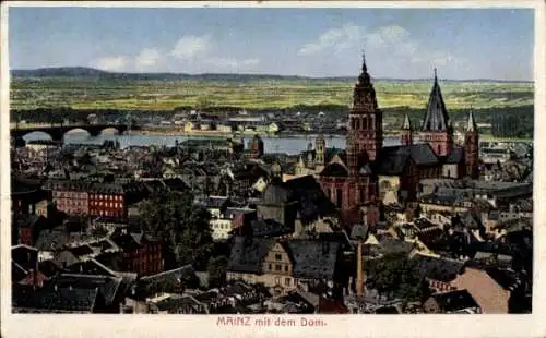 Ak Mainz am Rhein, Stadtansicht mit Dom, Fluss und Brücke, farbig, romantische Stimmung