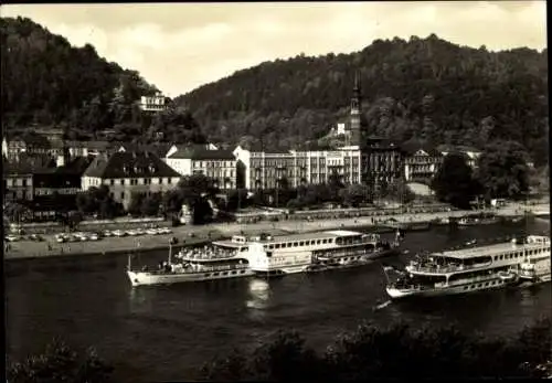 Ak Bad Schandau Sächsische Schweiz, Teilansicht, Schiffe auf der Elbe