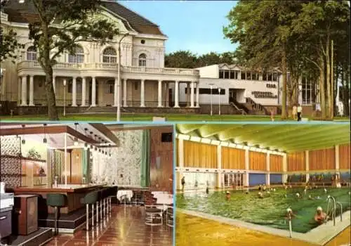 Ak Ostseebad Kühlungsborn, Architektur des Kurhauses, Schwimmer im Hallenbad, Bar mit Stühlen