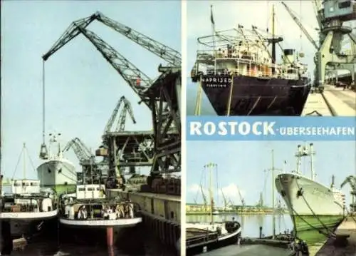 Ak Hansestadt Rostock, Hafenansicht, Schiffe, Krananlagen, Rostock Überseehafen, Naprijed