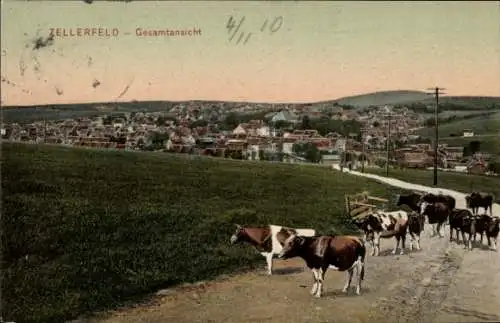 Ak Clausthal Zellerfeld im Oberharz,  Gesamtansicht, Kühe auf der Straße, Landschaft, Häuser