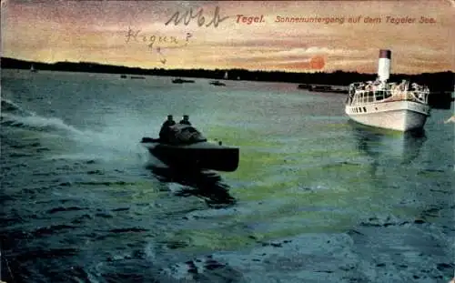 Ak Berlin Reinickendorf Tegel, Sonnenuntergang am Tegeler See, Boot und Dampfer auf dem Wasser