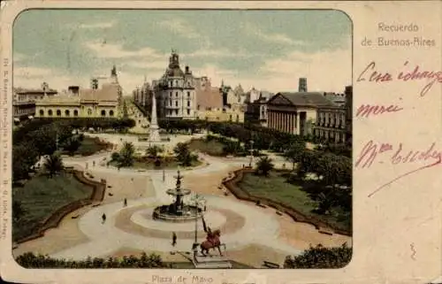 Ak Buenos Aires Argentinien, Plaza de Mayo, Brunnen, Obelisk, historische Architektur