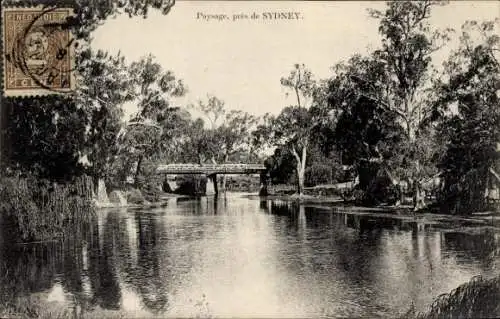 Ak Sydney Australien, Schöne Landschaft, Flusslandschaft mit Brücke, Bäume, zeitloses Motiv