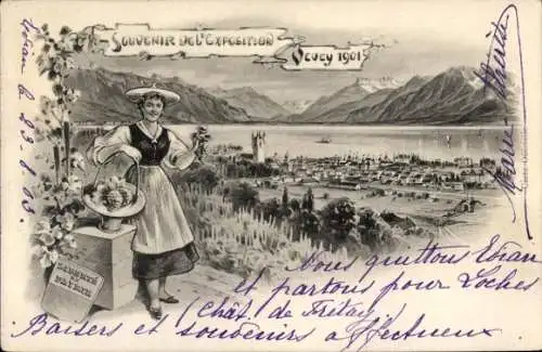 Ak Vevey Kanton Waadt, Frau in traditioneller Tracht, Blick auf den See, Berge im Hintergrund
