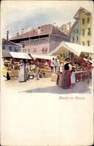 Ak Thoune Thun Kanton Bern Schweiz, Markt, Menschen, Stände, Gebäude