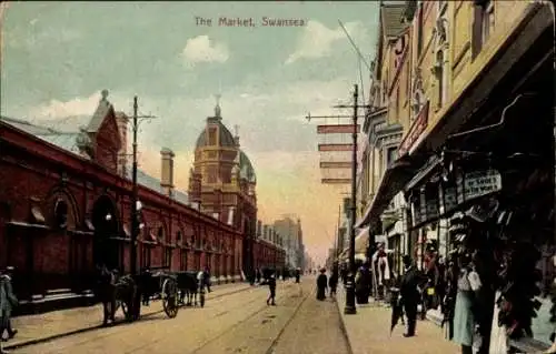 Ak Swansea Wales, Marktansicht, Gebäude, Straßenansicht, Menschen, Geschäfte