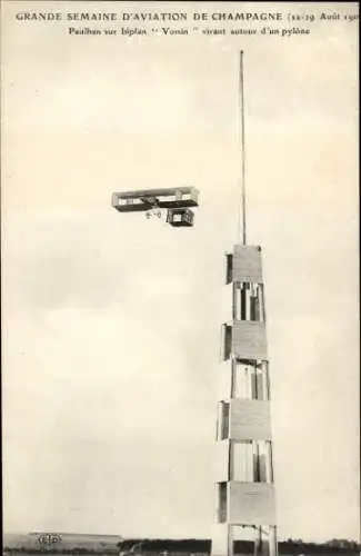 CPA Grande Semaine d'Aviation de Champagne, Paulhan sur biplan Voisin
