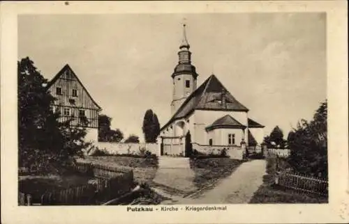 Ak Putzkau in der Oberlausitz, Kirche, Kriegerdenkmal
