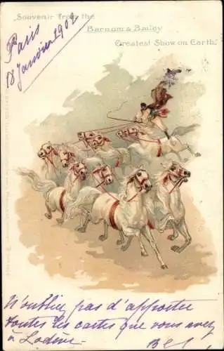 Künstler Litho Circus Barnum & Bailey, Greatest Show on Earth, Artist auf einem Zug aus zehn Pferden
