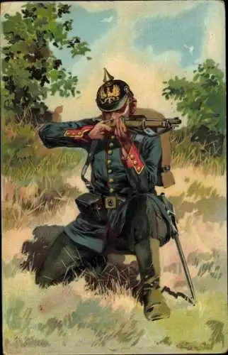 Künstler Litho Hoffmann, A., deutscher Soldat, Garde Jäger Regt. 7, Munitionsgürtel, Gewehr