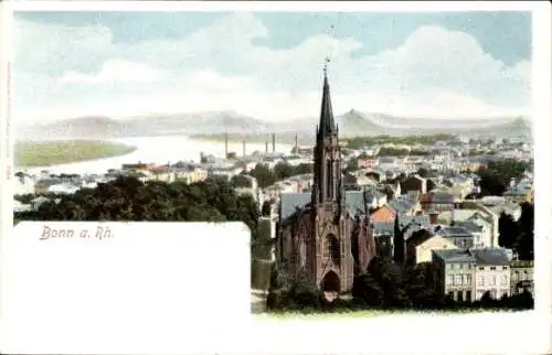 Ak Bonn am Rhein, Stadtansicht  Fluss, Kirche, Häuser, Berge im Hintergrund