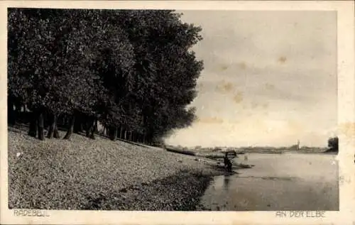 Ak Radebeul in Sachsen, an der Elbe, Angler am Ufer, Kirchturm