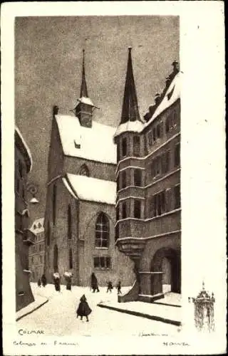 Künstler Ak Hansi, Jean Jacques Waltz, Colmar Kolmar Elsass Haut Rhin, Straßenpartie, Winter