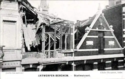 Ak Berchem Flandern Antwerpen, zerstörtes Haus an der Bahnhofstraße