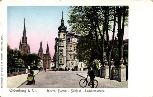 Ak Oldenburg in Holstein, Schloss, Lambertikirche, Innerer Damm,  Architektur, Fahrradfahrer