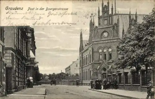 Ak Grudziądz Graudenz Westpreußen, Vorderansicht der Boergenstrasse,  Gebäude, Menschen auf der S