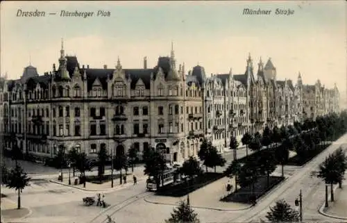Ak Dresden Plauen, Nürnberger Platz, Münchner Straße, Straßenbahn