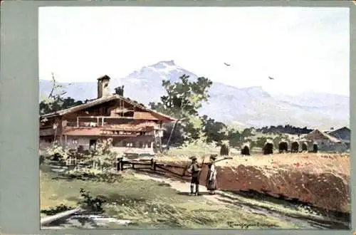 Künstler Litho Wohnhaus, Menschen, Getreidefeld