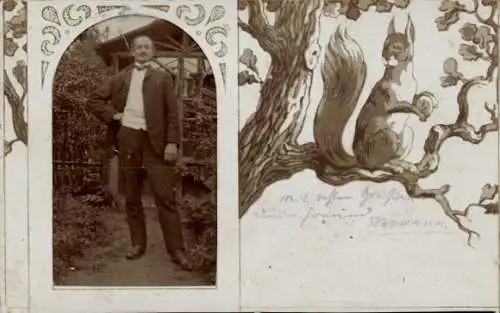 Passepartout Ak Männerportrait, Eichhörnchen