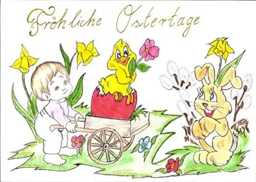 Ak Glückwunsch Ostern, Kind mit Karre, Osterei, Küken, Hase, Weidenkätzchen