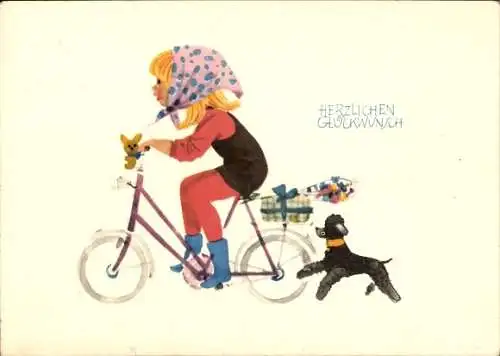 Ak Glückwunsch, Mädchen mit Fahrrad, Pudel