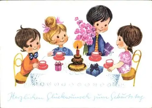 Ak Glückwunsch Geburtstag, Kinder am Tisch, Tee, Blumen