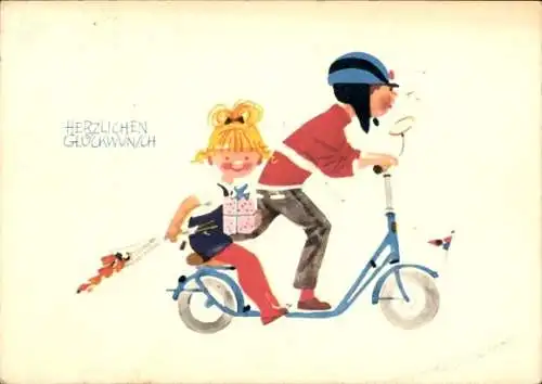 Ak Glückwunsch Geburtstag, Kinder, Roller, Geschenk