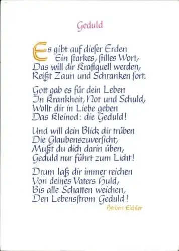 Ak Gedicht von Herbert Eichler Geduld, Es gibt auf dieser Erden...