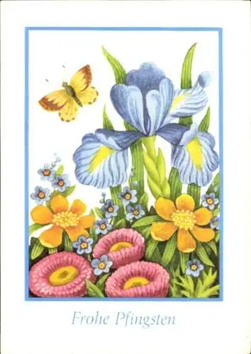 Ak Glückwunsch Pfingsten, Blumen, Schmetterling
