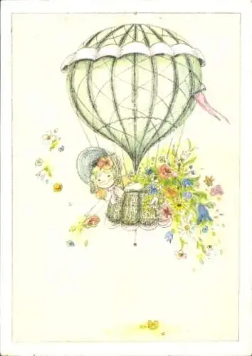 Ak Mädchen in einem Heißluftballon, Blumen