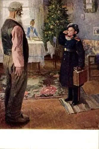 Künstler Ak Reschetnikow, Junge in Uniform, Freiertag, Neujahr