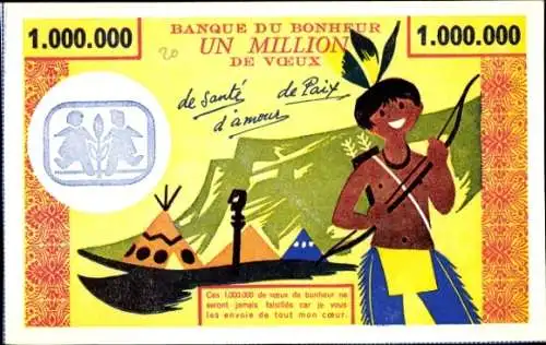 Ak Kitsch, Glückwunsch, Bank der Million Wünsche, Mann mit Bogen