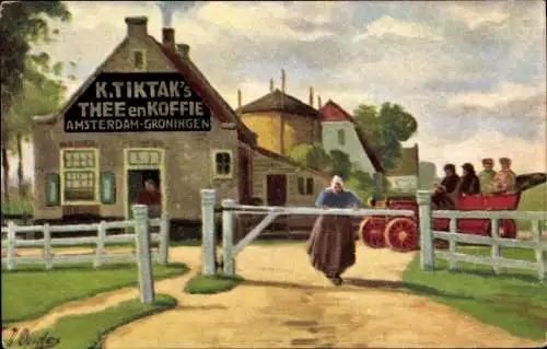 Künstler Ak Wohnhaus, Automobil, Werbung, Tee, Kaffee, Tiktak's