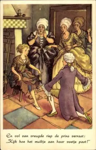 Künstler Ak Assepoester, prins, Kijk hoe het muiltje aan haar voetje past