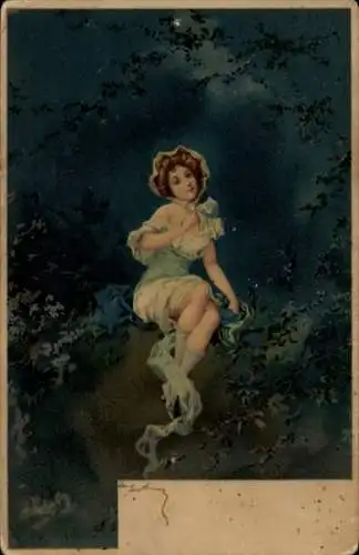 Künstler Ak Frauenbildnis bei Nacht, Erotik