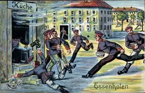 Ak Karikatur, Essenholen, Soldaten rasen zur Küche