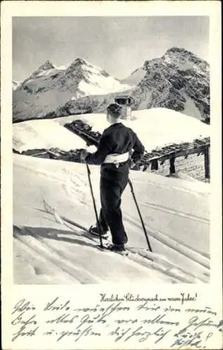 Ak Glückwunsch zum neuen Jahre, Mann fährt Ski